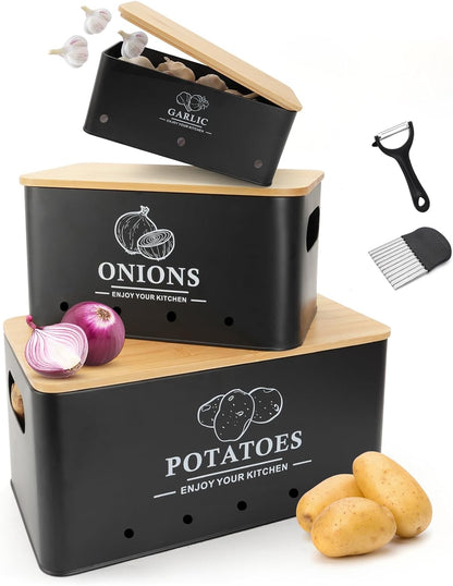 Kitchen Vegetable Storage Set of 3, Metal Onion Garlic Potato Storage Set, Kitchen Canisters Vegetable Keeper Containers with Aerating Holes and Bamboo Lid,Black