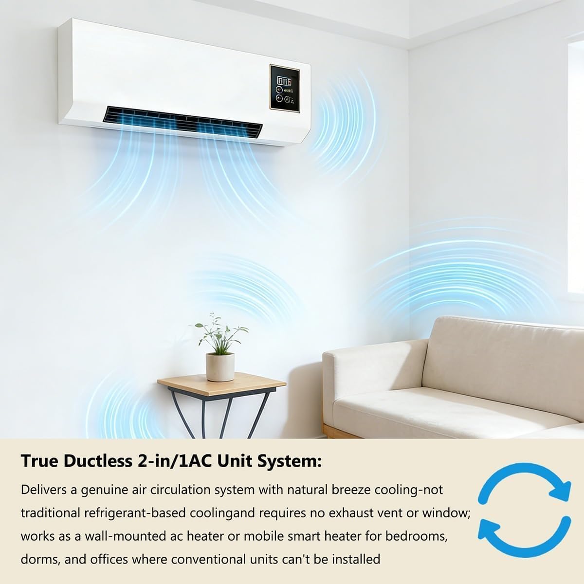 Multifuntional 2 in 1 Wall Mounted Heating System for Bathroom Office Rv Garage, Cooling and Heating Mini Air Conditioner Fan, Quiet 110v Smart Ac Fan Heater Yellow 21.26inx4.92inx7.87in