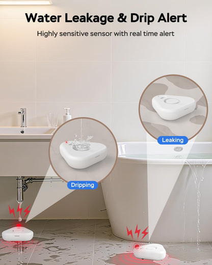 Water Alarm Leak Detector,Water Leak Detectors for Home with App Alerts,Water Sensor Alarm Leak Detector with 120db Adjustable,500ft Transmission for Basement,Bathroom,No Hub Required (Support 2.4G)