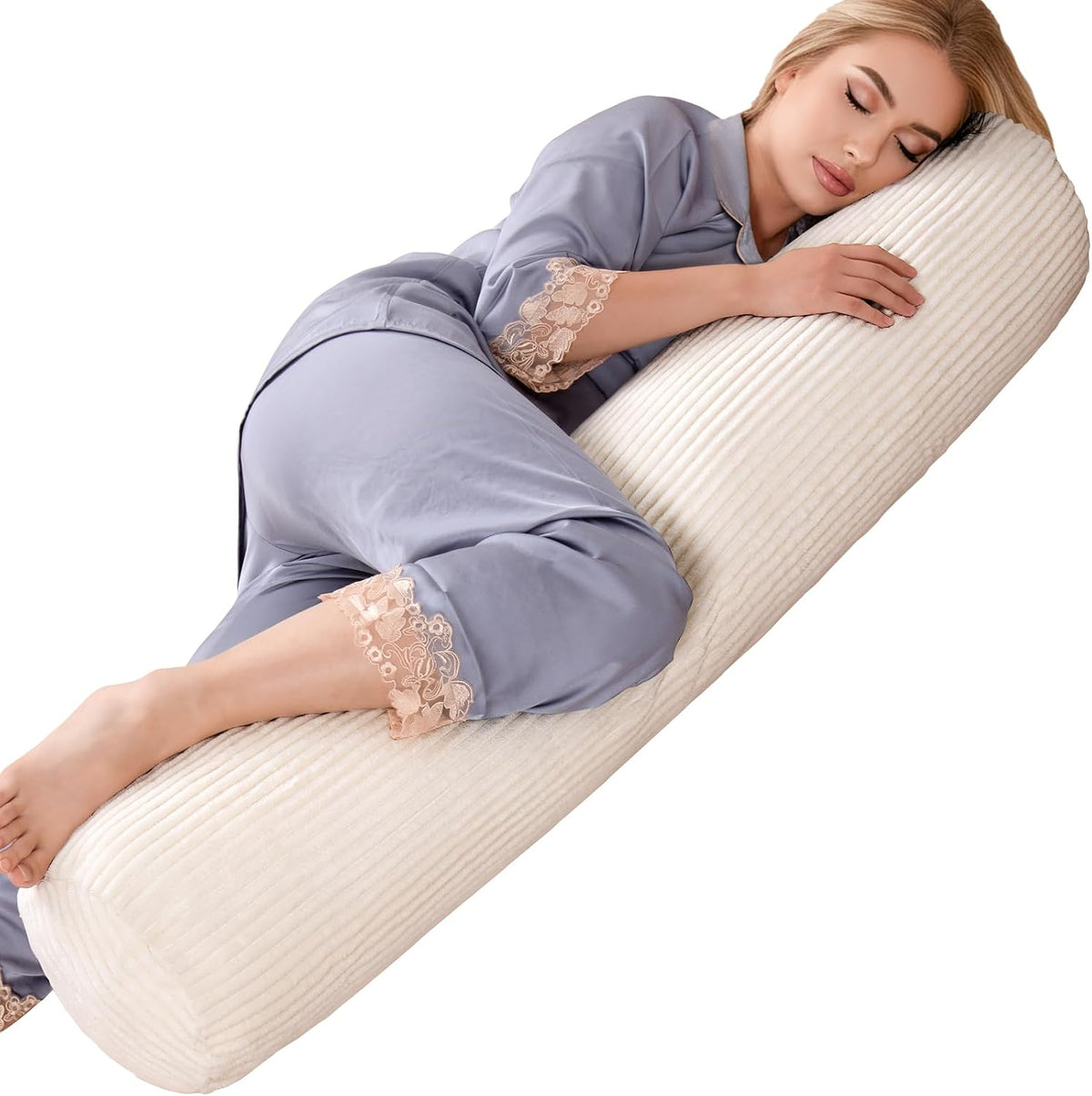1 MIDDLE ONE Body Pillow for Adults, Bolster Pillow with Removable Velvet Cover, Long Round Cervical Roll Pillow, 35 x 7.87 Inches, Blue