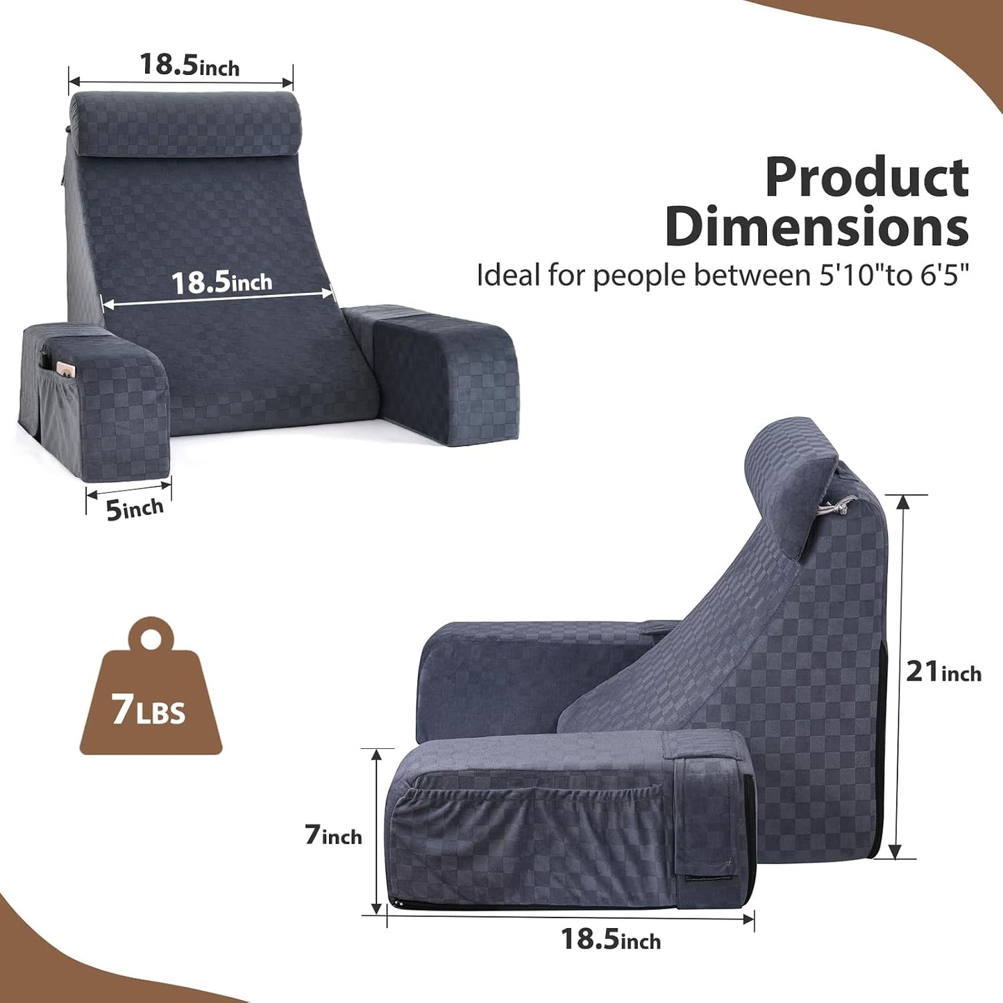 Vekkia 19'' Reading Pillow for Adults with XL Side Pockets, Adjustable Arms | 45° Back Support Chair for Sitting in Bed, Washable Cover, Perfect for Gaming, Watching TV, Relaxing, or Recovery, Gift Idea