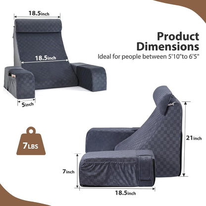 Vekkia 19'' Reading Pillow for Adults with XL Side Pockets, Adjustable Arms | 45° Back Support Chair for Sitting in Bed, Washable Cover, Perfect for Gaming, Watching TV, Relaxing, or Recovery, Gift Idea