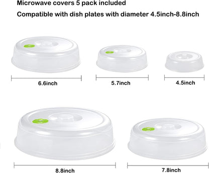 Set of 5 Microwave Plate Covers with Adjustable Steam Vents; Microwave Splatter Covers - Mixed Sizes for Large & Small Food Plates Bowls