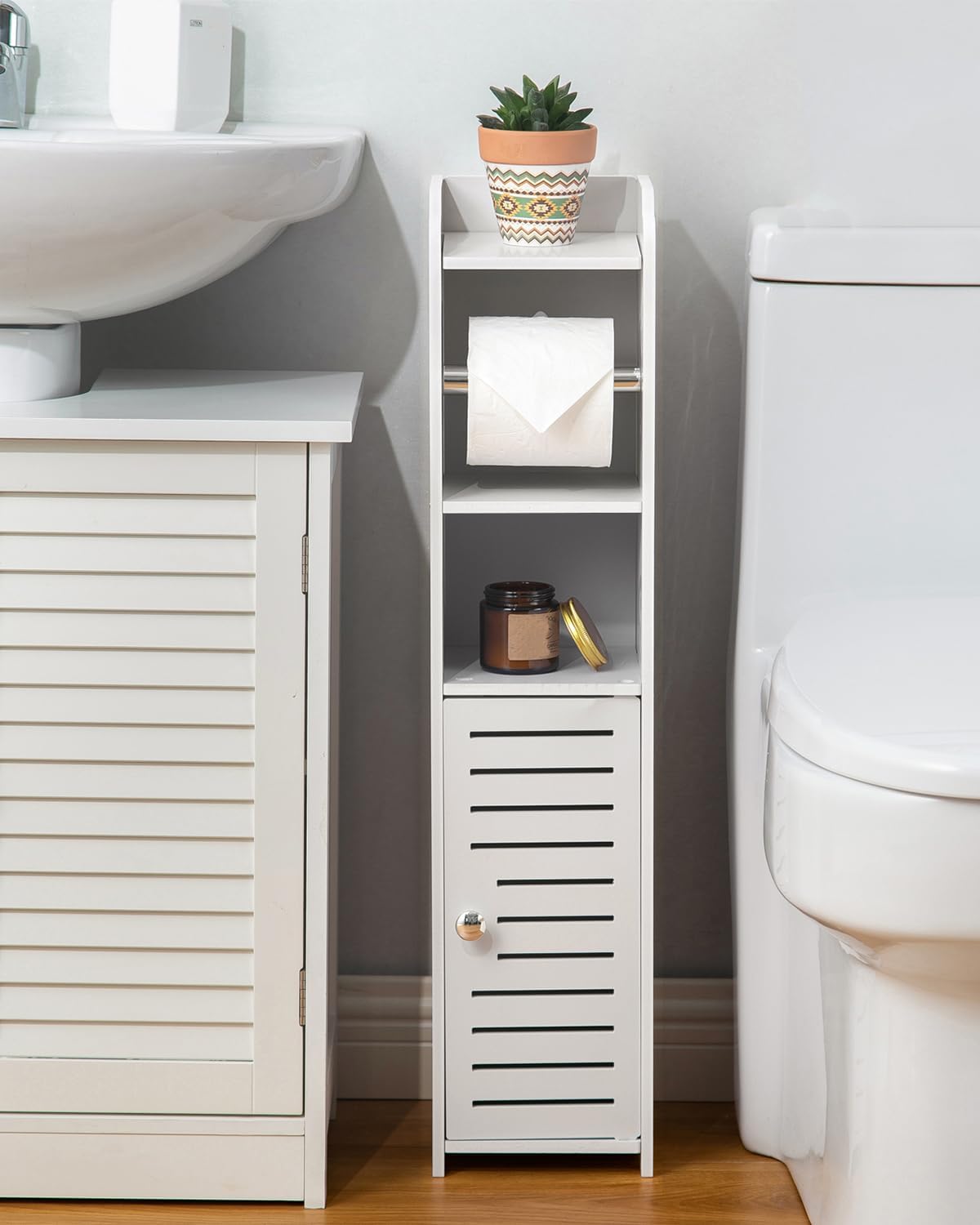 AOJEZOR Toilet Paper Holder Stand: Small Space Bathroom Storage for Renters