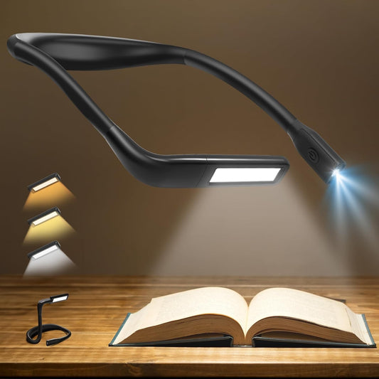 Neck Reading Light Book Lovers Gifts, Rechargeable 80Hrs Eye-friendly 3 Colors & Stepless Dimming Book Light for Reading, Christmas Stocking Stuffers for Men Women Camping Knitting Crochet Accessories