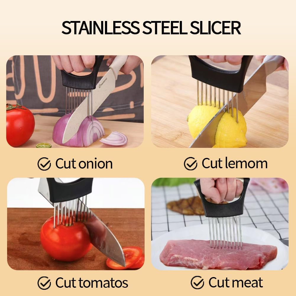 Onion Holder for Slicing, Onion Slicer and Chopper (1 Pack) | Stainless Steel Lemon Slicer Vegetable Cutter Kitchen Tool, Food Slicing Assistant for Meat, Tomato, Potato, Lemon