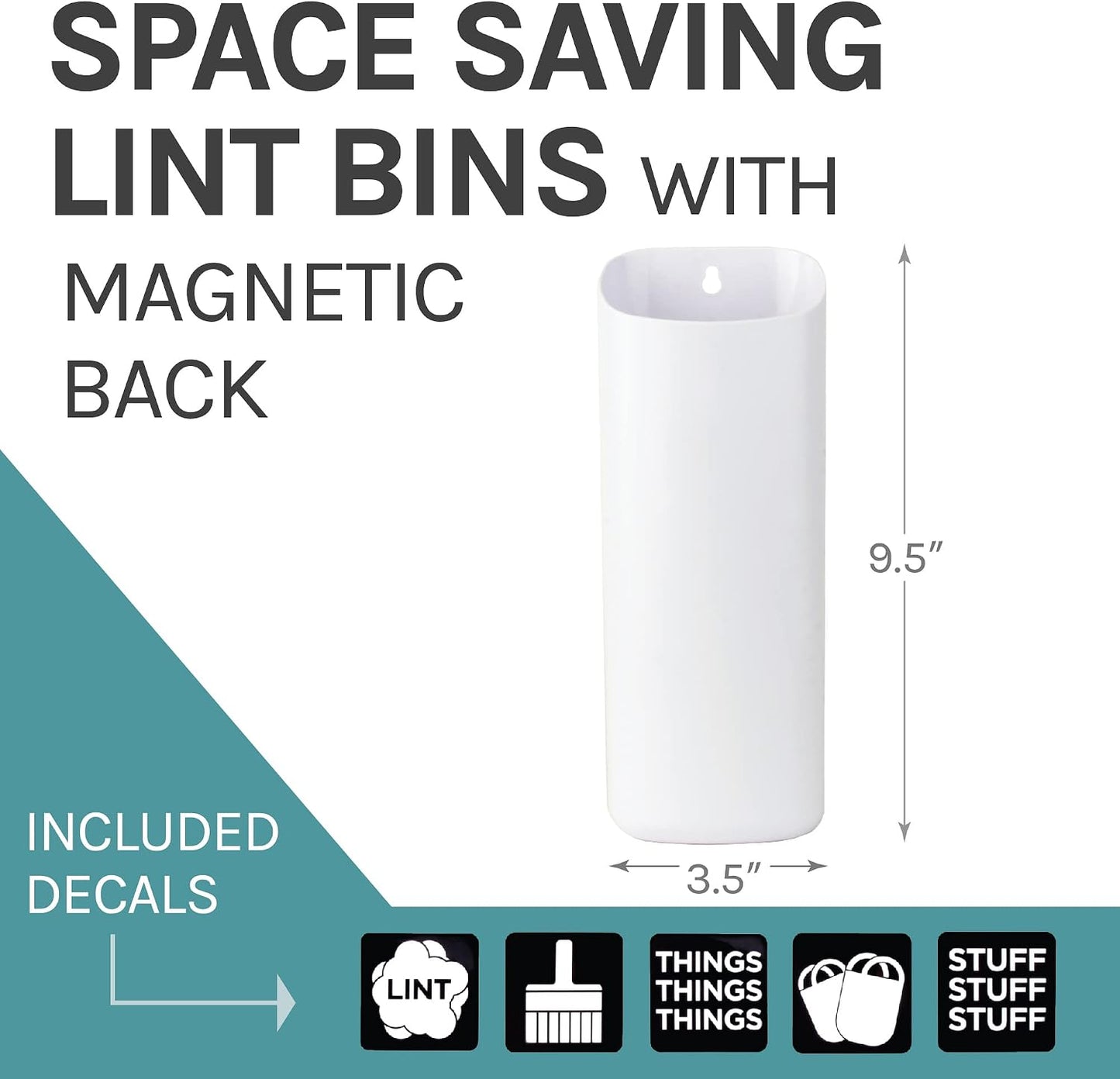 JS Jackson Supplies Small White Lint Bin with Magnetic Back, Slim Profile Trash Bin for Laundry Room and Kitchen, Wall Mountable