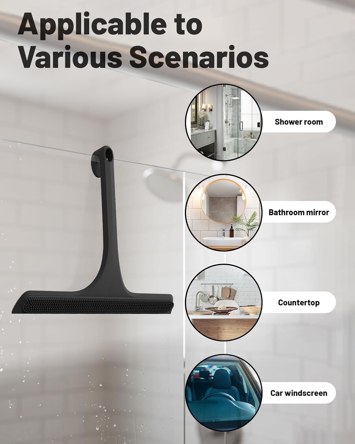 2-in-1 Silicone Shower Squeegee with Hook,Dual-Sided Design with Scraper & Scrub Surface,Rust-Proof Stainless Core,Streak-Free Bathroom Squeegee for Glass Doors,Mirrors,Windows,Car Windshields (Black)