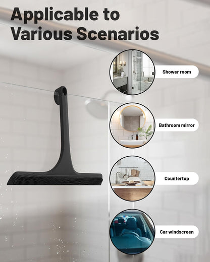 2-in-1 Silicone Shower Squeegee with Hook,Dual-Sided Design with Scraper & Scrub Surface,Rust-Proof Stainless Core,Streak-Free Bathroom Squeegee for Glass Doors,Mirrors,Windows,Car Windshields (Black)