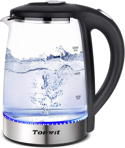 TOPWIT 2.0L Glass Electric Kettle, Hot Water Boiler, BPA-Free | Stainless Steel Bottom & Lid, Fast Boil, Auto Shut-Off & Boil-Dry Protection, No Plastic Odor | for Tea, Coffee, Home, Office