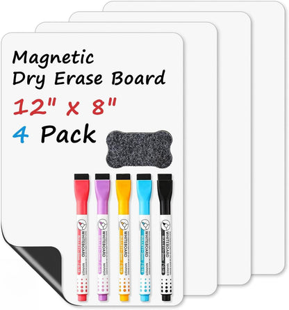 Magnetic Whiteboard for Fridge, 4-Pack Dry Erase Boards (12×8 in) with 5 Markers & Eraser, Strong Magnet & Stain-Resistant Surface, Reusable Message Board for Fridge, Family Planner & Kitchen Notes