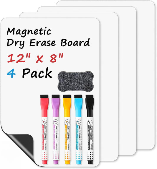 Magnetic Whiteboard for Fridge, 4-Pack Dry Erase Boards (12×8 in) with 5 Markers & Eraser, Strong Magnet & Stain-Resistant Surface, Reusable Message Board for Fridge, Family Planner & Kitchen Notes