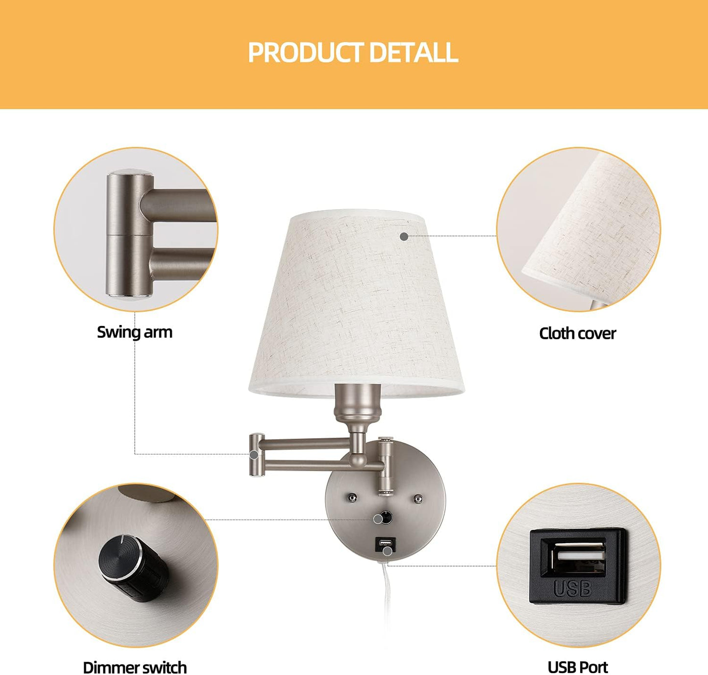Swing Arm Wall Lamp Plug in Wall Sconces Adjustable Vintage Industrial Reading Light Bedside Wall Mount Light with Dimmable Switch and USB Port Black
