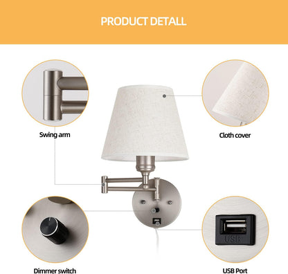 Swing Arm Wall Lamp Plug in Wall Sconces Adjustable Vintage Industrial Reading Light Bedside Wall Mount Light with Dimmable Switch and USB Port Black