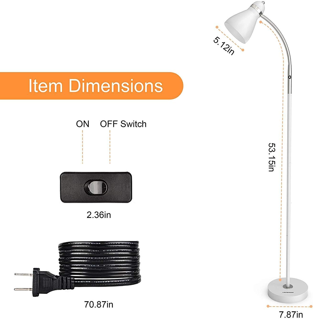 LEPOWER Floor Lamp, Metal Standing Lamp with Adjustable Gooseneck for Dorm | Easy to Assemble, E26 Base, Sturdy Metal Base, Convenient Switch, Task Reading Pole Lights for Office & Bedroom, Living Room