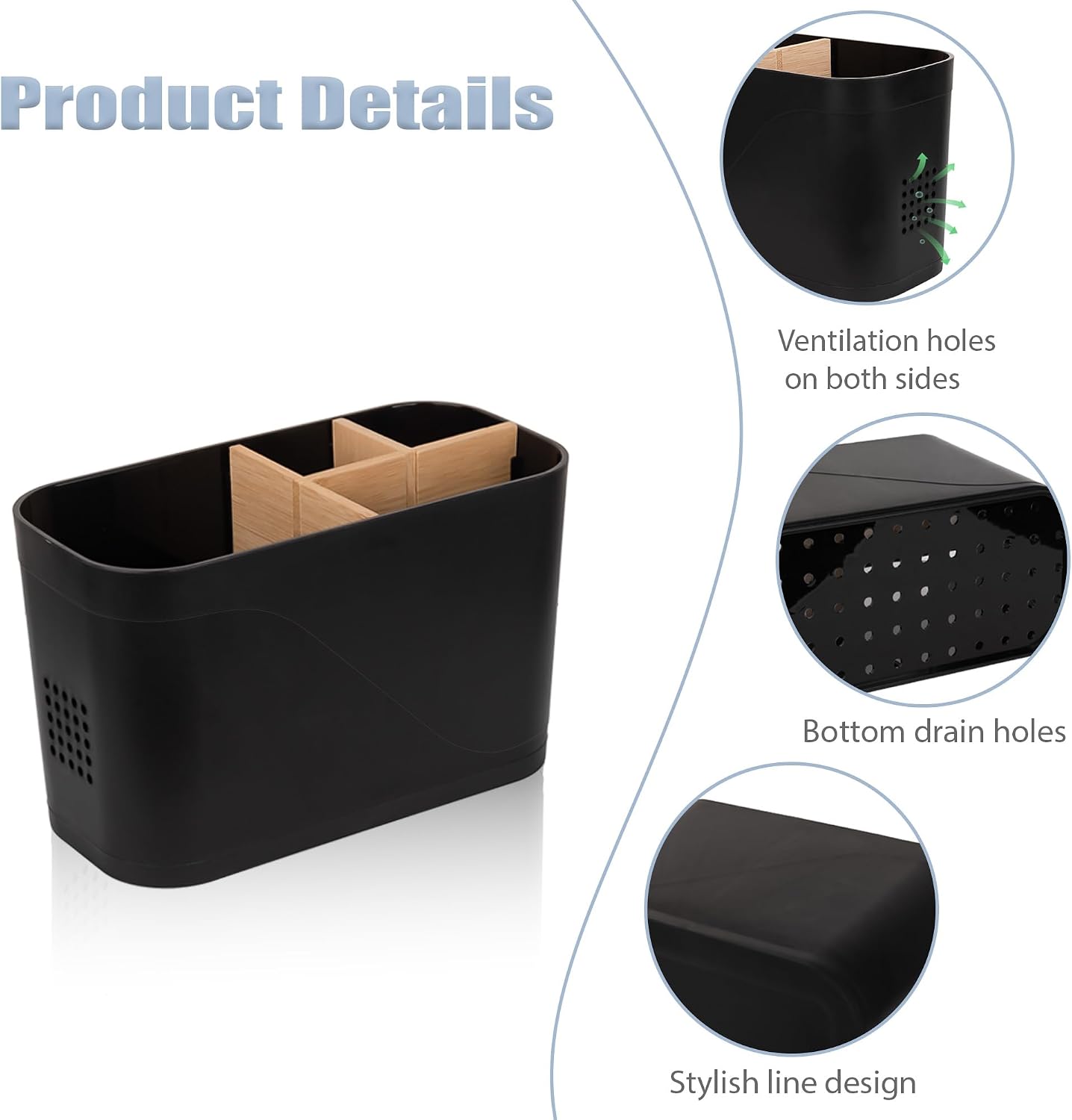 Electric Toothbrush Holder Tooth Brush and Toothpaste Organizer, Black | 3 Slots, Drainage Holes, Removable Bamboo Divider, Ventilation Design, Space-Saving, for Bathroom Countertop, Shower, Vanity