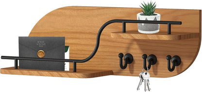 Key Holder for Wall, Decorative Key and Mail Organizer with 3 Metal Hooks and 2 Shelves, Wood Wall Mounted Key Rack for Entryway, White