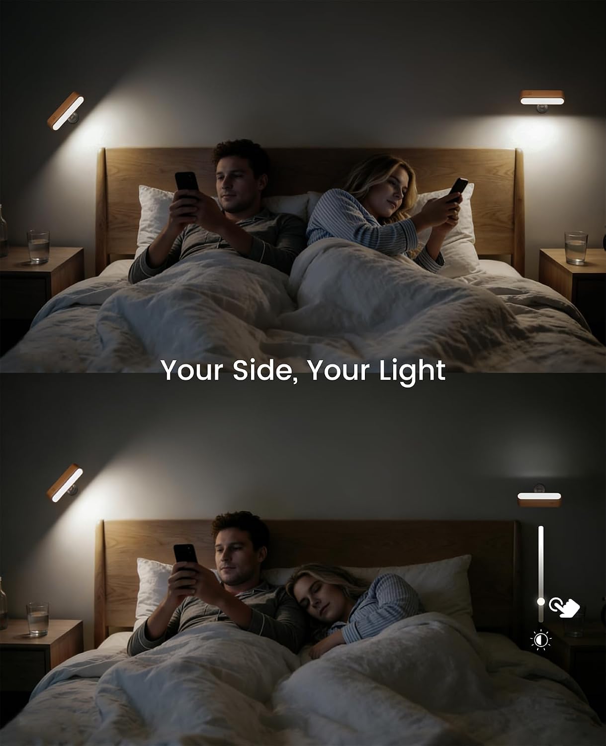Rechargeable Wall Sconce, Reading Light for Bed, Magnetic Wood Lamp | Set of 2, Black Walnut, Touch Control, Adjustable Brightness, 4000K Nautral Light for Reading, Headboard Light, 360° Rotation