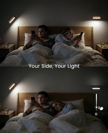 Rechargeable Wall Sconce, Reading Light for Bed, Magnetic Wood Lamp | Set of 2, Black Walnut, Touch Control, Adjustable Brightness, 4000K Nautral Light for Reading, Headboard Light, 360° Rotation