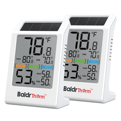 Room Thermometer Indoor Humidity Meter Solar Powered with Max/Min Memory & Comfort Indicator - 3.2" Large Display for Home, White