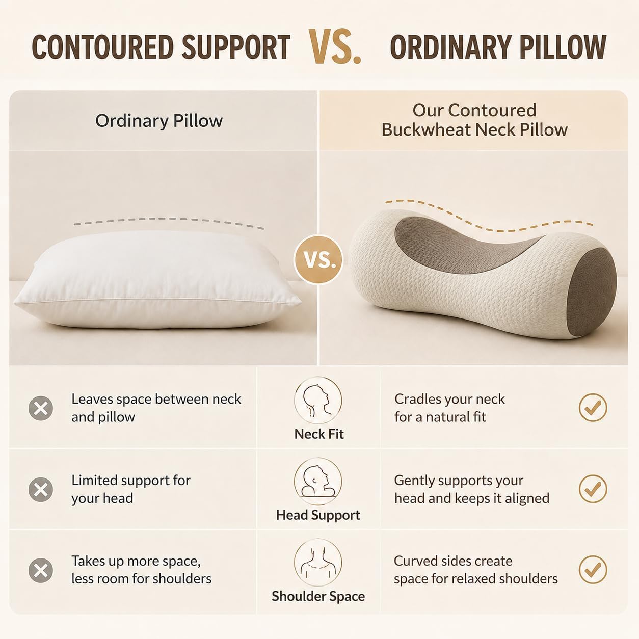 Buckwheat Neck Roll Pillow, Adjustable Cervical Pillow for Neck Pain Relief | natural hull fill, customizable loft, firm support, side and back sleepers, washable cover, lower back use