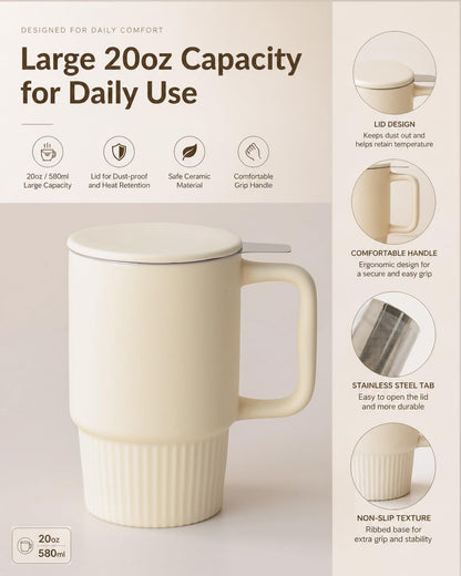 Ceramic Tea Mug with Stainless Steel Infuser and Lid, Ribbed Loose Leaf Tea Cup, Comfort-Grip Curved Handle, Minimalist Aesthetic Coffee Mug for Home Office, 20oz (Matte Buttercream)
