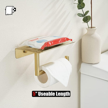 JQK Toilet Paper Holder Shelf, Bathroom Tissue Roll Holder with Phone Shelf, 5 Inch 304 Stainless Steel Tissue Paper Dispenser, Matte Black Wall Mount, TPH202-PB