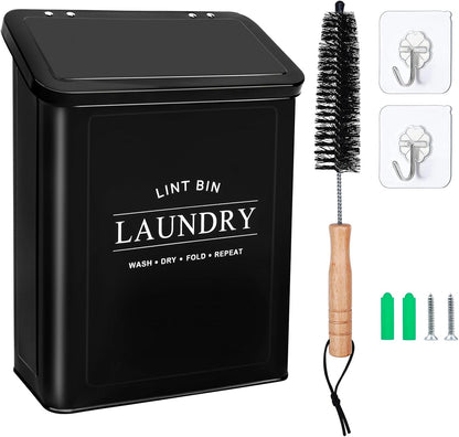 Magnetic Lint Bin with Lint Brush for Laundry Room Decor Farmhouse Rustic Metal Wall Mounted Lint Box Holder Keeper Organization Lint Trash Can with lid for Dryer