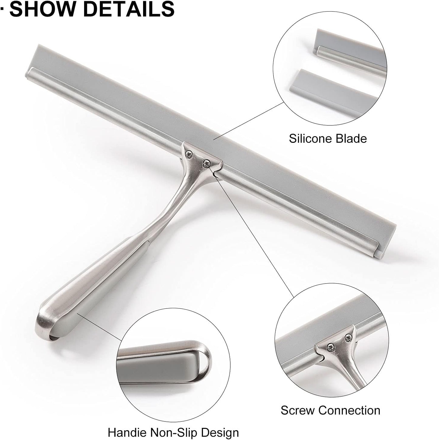 Shower Squeegee for Glass Doors, Squeegee for Shower Glass Door, Window and Car Glass, Mirrors - All-Purpose Stainless Steel Squeegee, 10 Inches and Black
