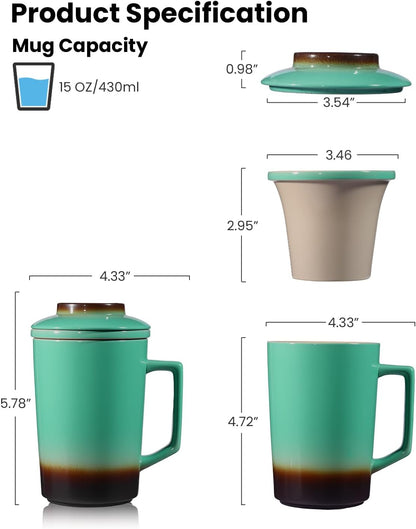 15 oz Ceramic Tea Infuser Cup with Lid - Tea Mug with All Porcelain Strainer for Loose Leaf Teas,Microwave and Dishwasher Safe,Metal-Free,BPA-Free for Tea Lovers/Birthday (Black)