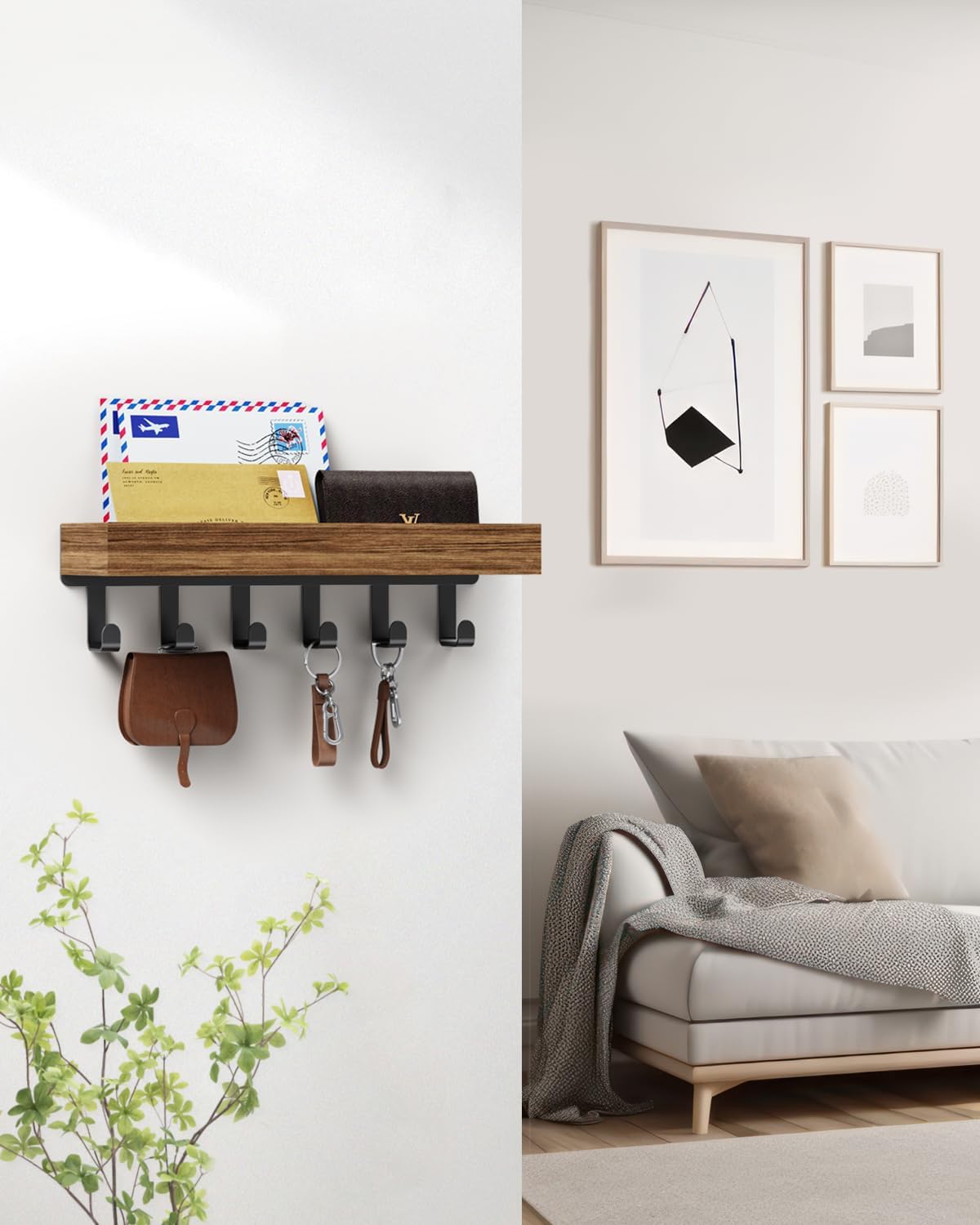 Key Holder Wall Mount Magnetic Adhesive, Key Hooks Rack with Shelf | Key Hanger with Mail Organizer for RV Camper Fridge Living Room Decor, Home Essentials, Black