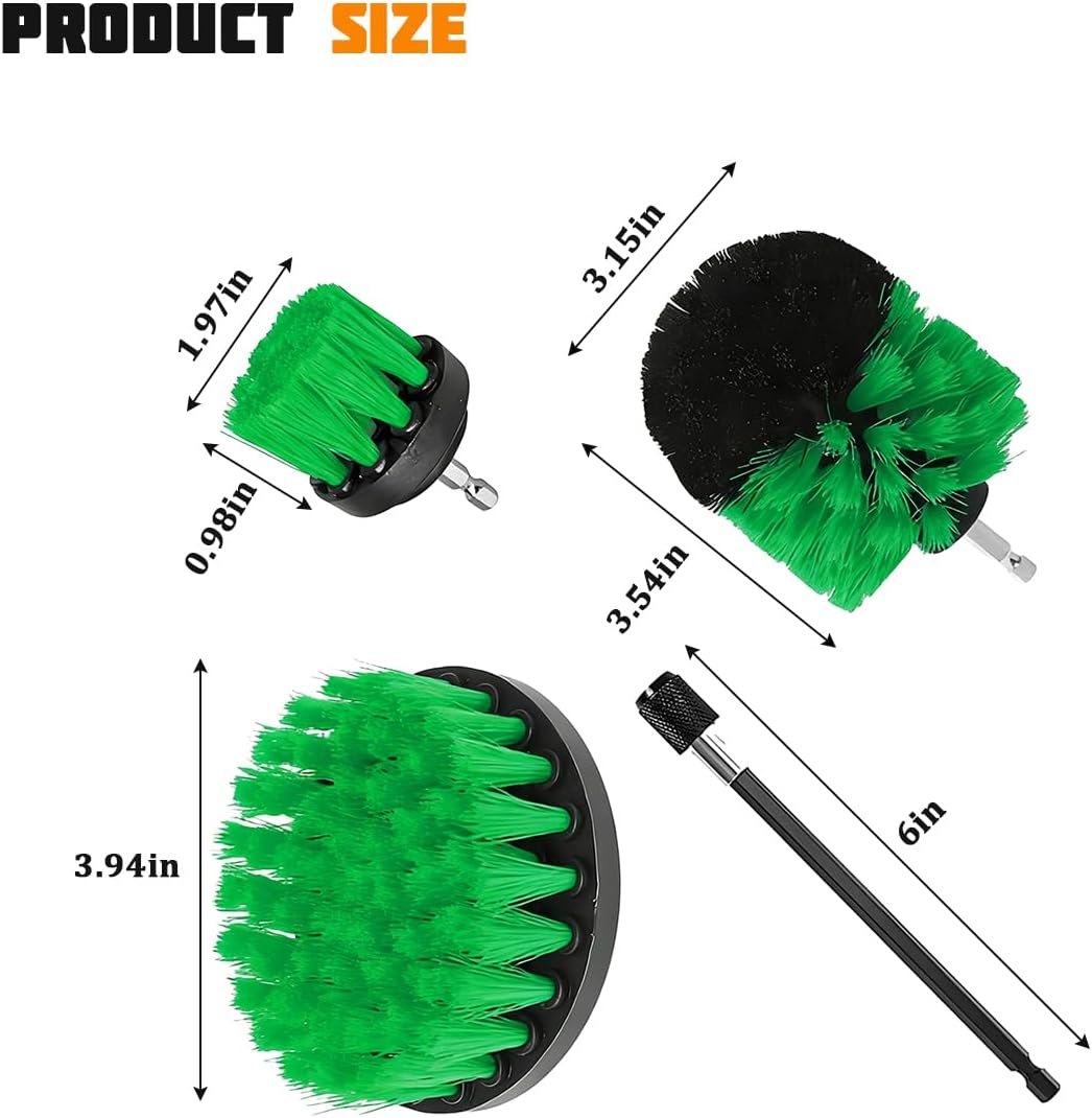 4PCS Drill Brush Attachment Kit with Extension Rod, Red | PP bristles with steel shafts, three brush sizes, quick-change extension rod, follows curved surfaces, compact storage