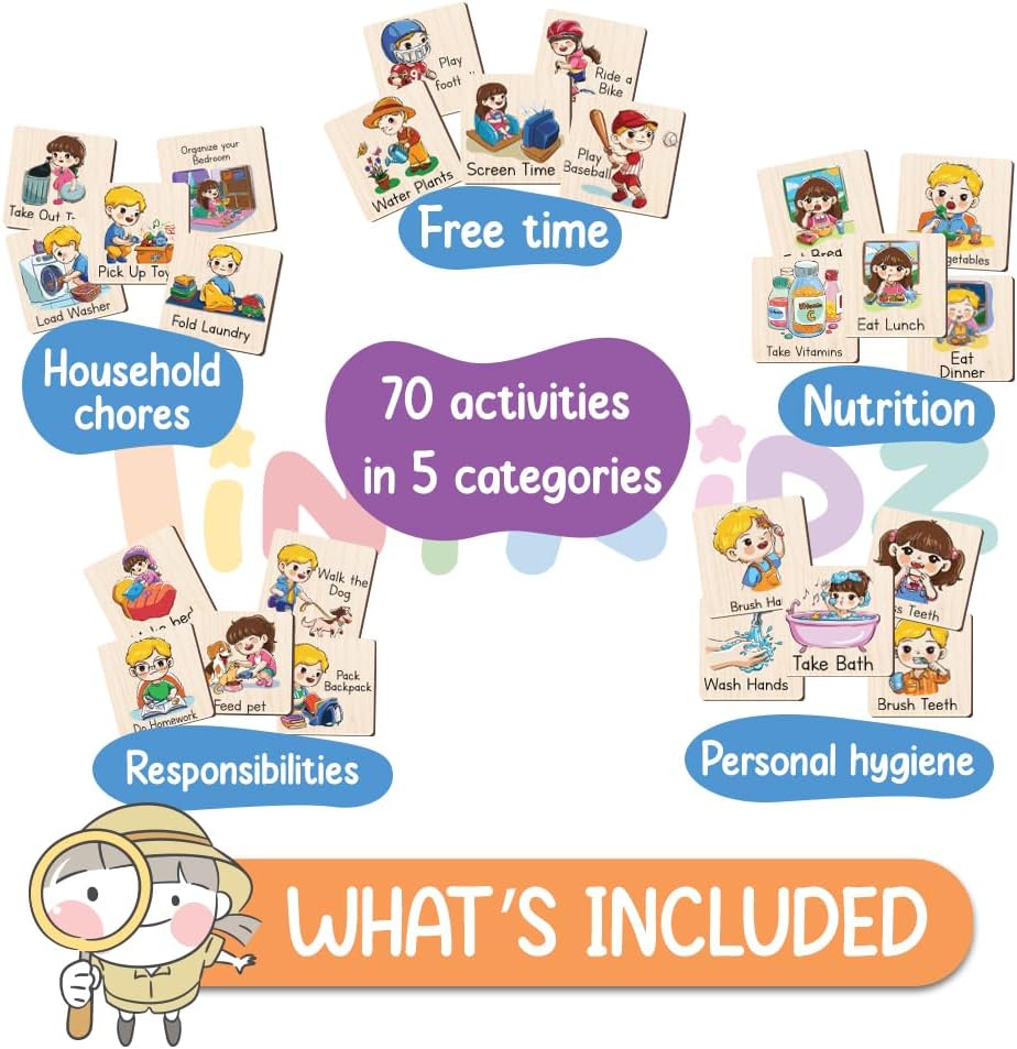 Daily Routine Chart for Kids, Visual Schedule, Routine Chart for Toddlers 3-5, Morning Bedtime Routine Chart for Toddlers, Wooden Chore Chart for Kids