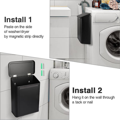 Picowe Magnetic Laundry Storage, Large Metal Lint Holder Bin with Lid for Laundry Room, Space-Saving Trash Container Hanging on Dryer, Washer or Wall Mount Trash Bin (White)