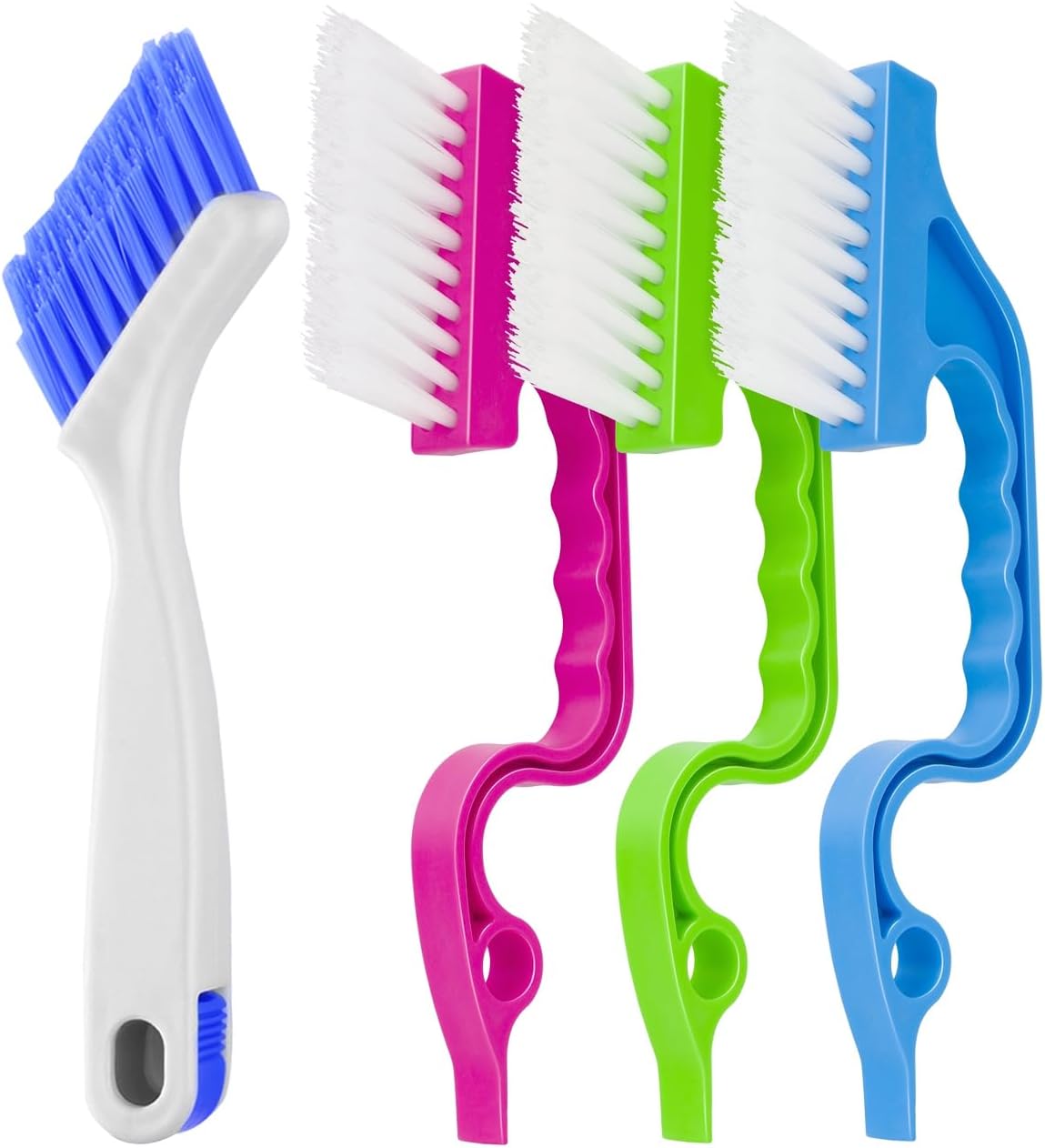 Asltw Swan Neck Cleaning Brush Set, 3 Angled Handle Scrub Brushes + 1 Crevice Brush for Window Tracks, Grout, Corners and Tight Spaces, Firm Bristles for Deep Cleaning in Kitchen and Bathroom