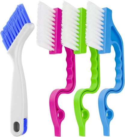 Asltw Swan Neck Cleaning Brush Set, 3 Angled Handle Scrub Brushes + 1 Crevice Brush for Window Tracks, Grout, Corners and Tight Spaces, Firm Bristles for Deep Cleaning in Kitchen and Bathroom