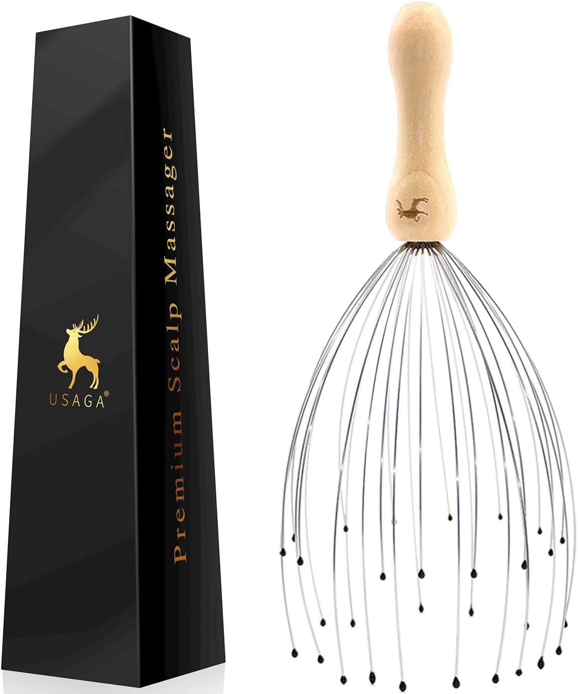 USAGA 32 Fingers Head Massager Head Scratcher Scalp Massager Wood Handle