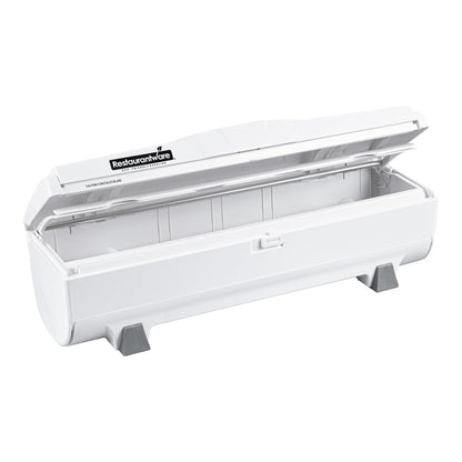 Restaurantware-Chef 101 Food Wrap Dispenser with Cutter, 1 Refillable Cling Wrap Dispenser - Fits 12” to 18” x 1000’ Rolls, Press Down and Cut, White Plastic Aluminum Foil, Sharp Blade