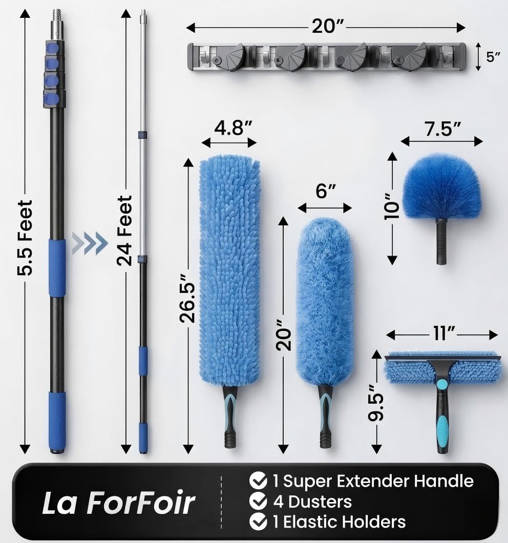 20ft High Ceiling Duster Kits with 5-12ft Heavy Duty Extension Pole - Fan Blade Cleaner, Cobweb Remover & Blue Window Squeegee Kit, Washable Dust Brush for High Roof and Glass Surfaces