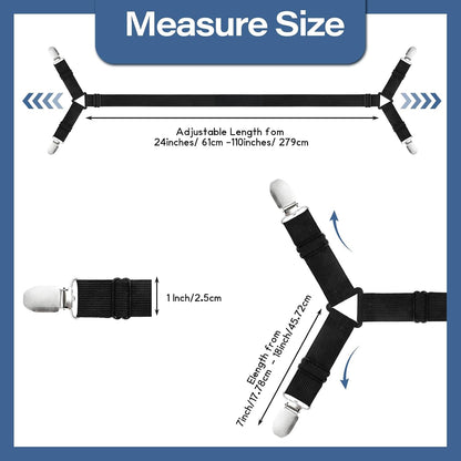 CHRORINE Bed Sheet Holder Straps Adjustable Sheet Fasteners Clips Keep Bedding Stays in Place, 4 Pcs/Set, Black