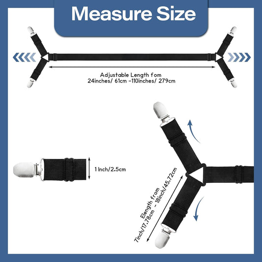 CHRORINE Bed Sheet Holder Straps Adjustable Sheet Fasteners Clips Keep Bedding Stays in Place, 4 Pcs/Set, Black