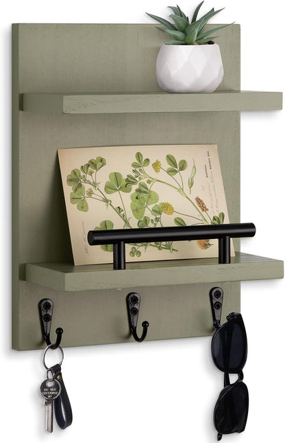 Key Holder Wall Mount, Mail Shelf Decor with 3 Key Hooks, Versatile Wood Wall Organizer for Entryway Hallway (8.2” x 10.6”x 3.6”) (White) | Farmhouse Key Hanger Holds Dog Leash, Sunglasses – Decorative Mail Organizer Home Decor