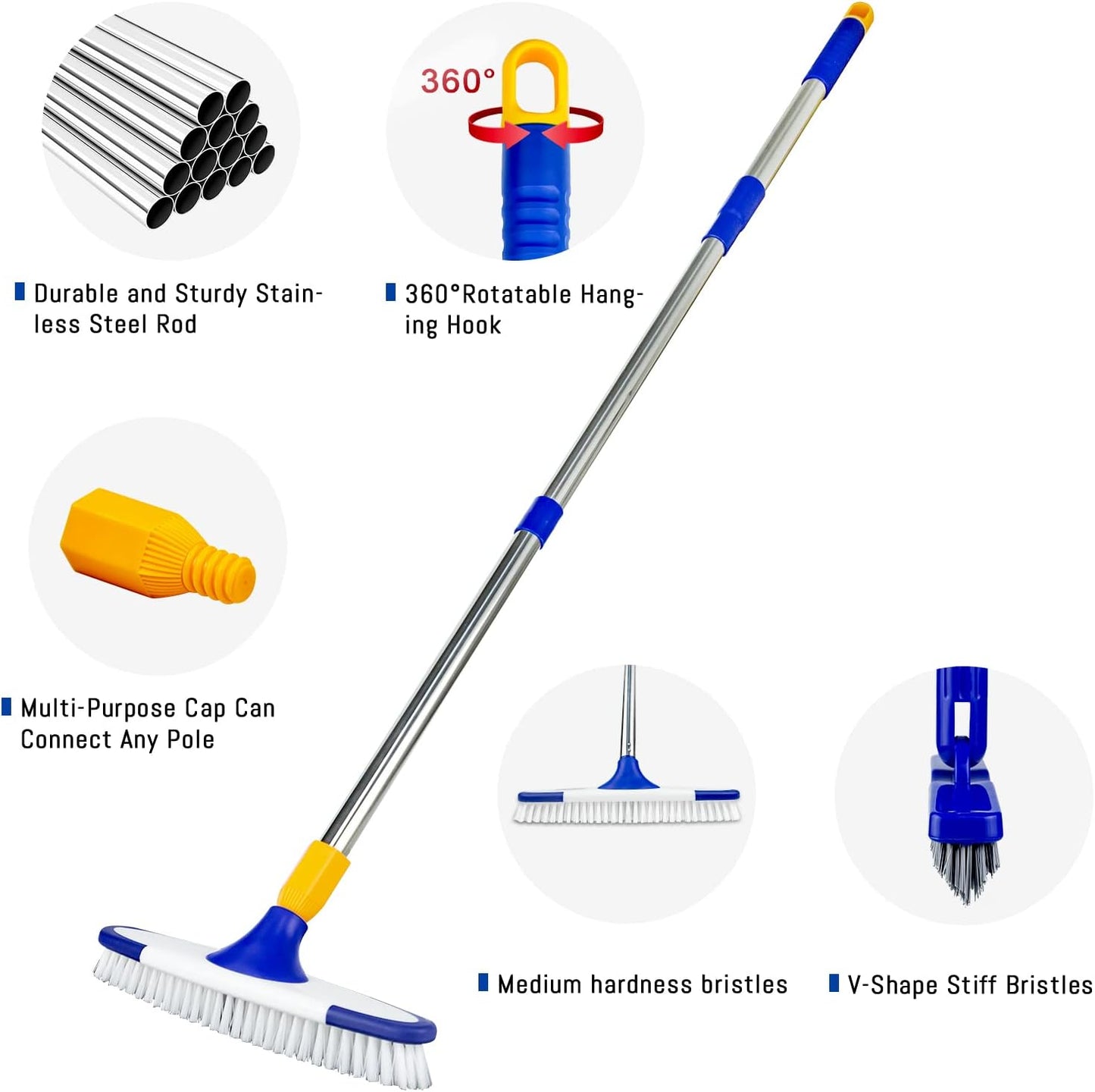 Grout & Scrub Brush Combo, Floor Scrubber with Long Handle, Multi-Purpose Stiff Bristles Cleaning Brush Set for Tile, Grout, Deck, Kitchen, Shower Floor (2 Pcs)