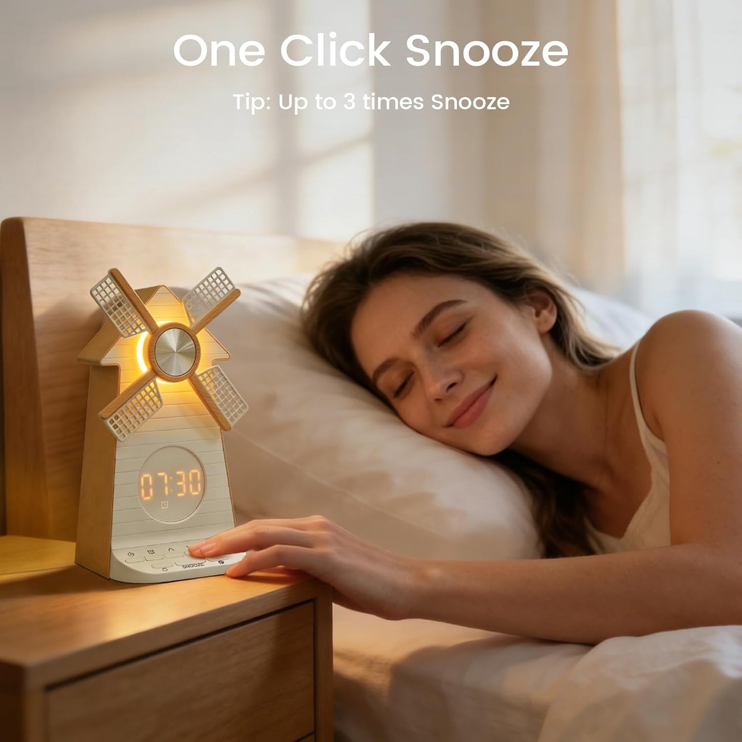 Sunrise Alarm Clock Rotating Windmill, White Noise Sleep Aid Gift | 20 Soothing Sounds, Easy Snooze Wake Up Light, 4-Level Dimmer Bedside Night Light, 30/60/90min Timer, Bedroom for Adults/Kids
