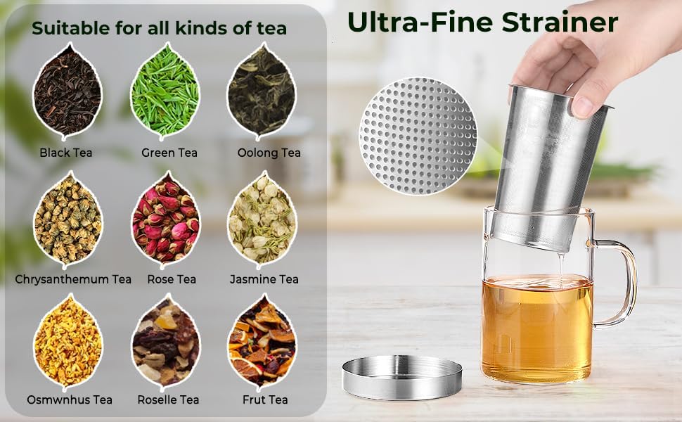 16.9 oz Borosilicate Glass Tea Mug with Stainless Steel Infuser & Lid –A 500mL heat-resistant glass teacup designed for brewing loose-leaf tea. Durable, elegant, and perfect for easy use