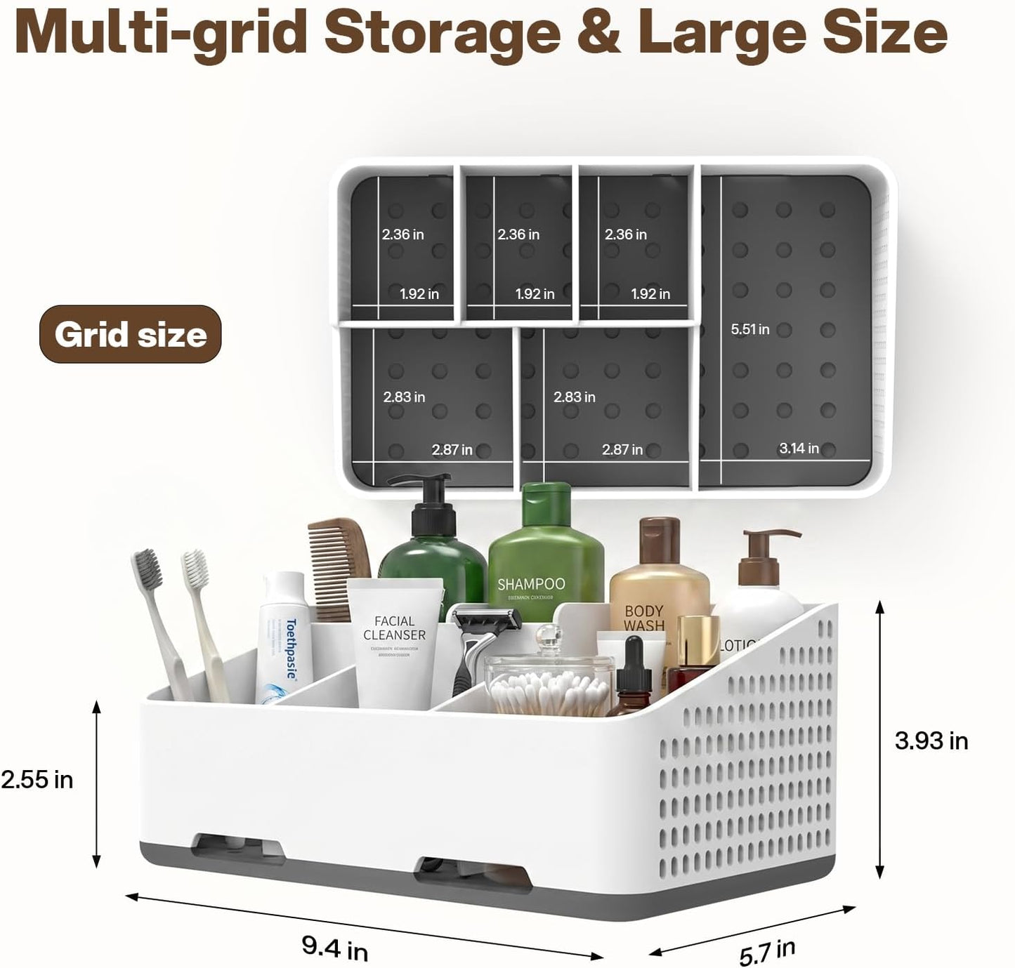 Cleangor Countertop Bathroom Organizer, Toothbrush Holder with Drainage | Vents, Cord Hole for Multi-grid Electric Toothbrush Charger, Family Bathroom Use