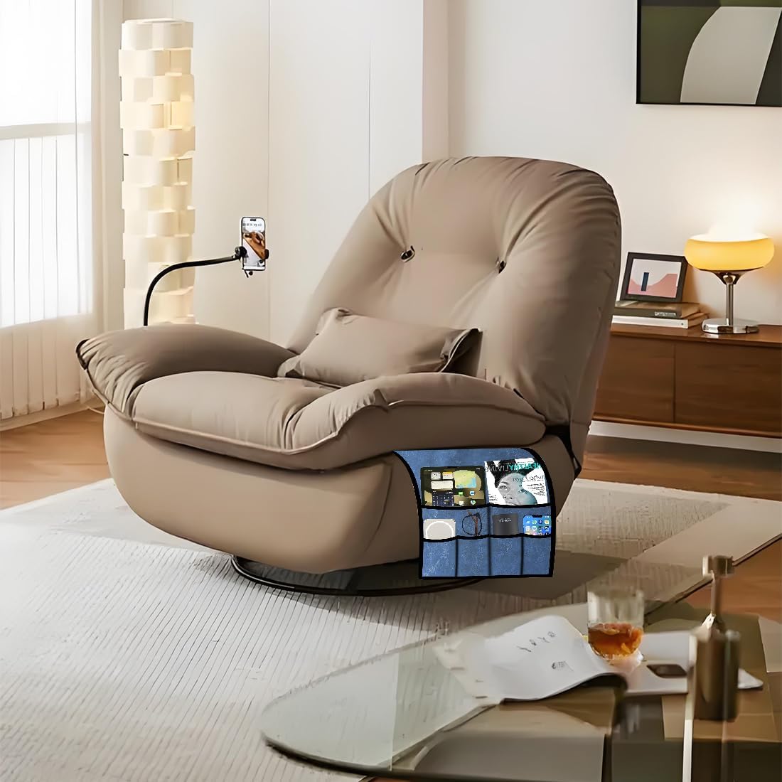 Ntomtuex Armchair Caddy Remote Control Holder for Couch Recliner, Armrest Pocket Organizer for Couch Arm Chair with 7 Pocket for Magazines, Eyeglass, ipad, Phone, Brown