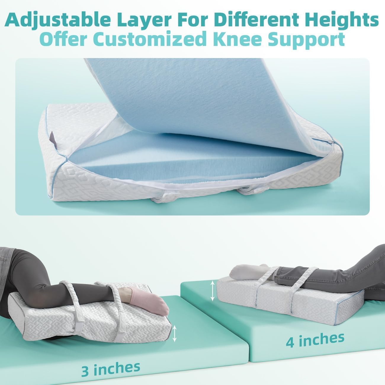 Cool Knee Pillow for Side Sleepers Hip Pain 4in, Adjust Leg Pillow for Multi-uses, CertiPUR-US Memory Foam Knee Pillow for Side Sleeper, Leg Pillow for Side Sleeping with 2 Straps, White
