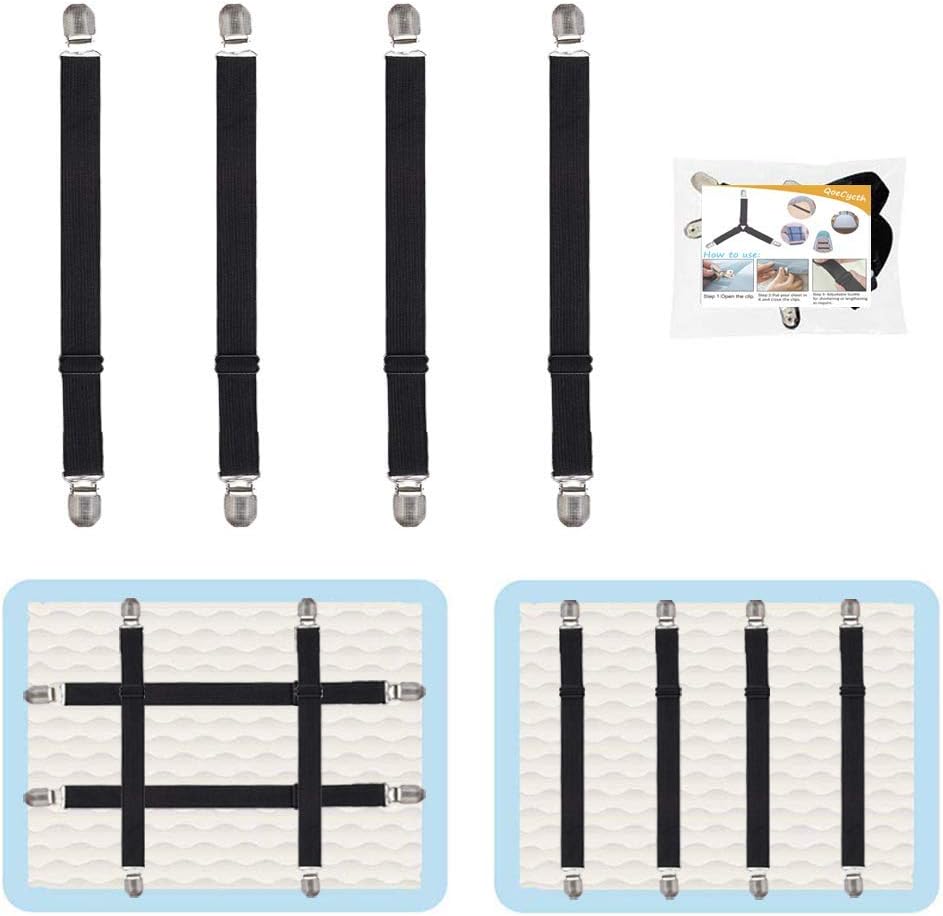 Adjustable Bed Sheet Straps Clips, Elastic Mattress Sheet Fasteners Holder and Suspenders, Grippers to Hold Sheet, Mattress, Sofa, Couch, Table Cloth, Recliner Ironing Board Cover and More