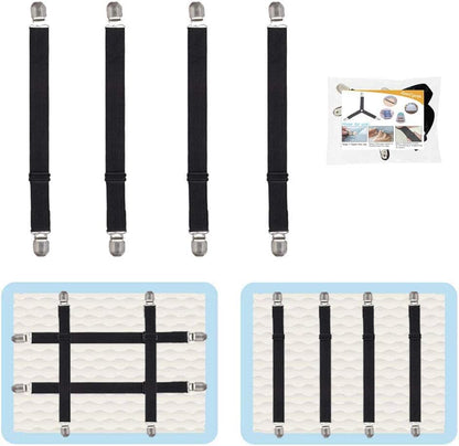 Adjustable Bed Sheet Straps Clips, Elastic Mattress Sheet Fasteners Holder and Suspenders, Grippers to Hold Sheet, Mattress, Sofa, Couch, Table Cloth, Recliner Ironing Board Cover and More